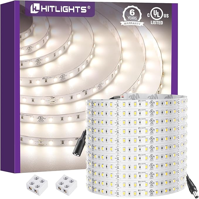 HitLights White LED Strip Lights 4000K 24V, 26.2ft Cuttable Tape Backed 3oz PCB, UL Listed, 1325 Lumen/m, CRI>95, IP20, Lighting for Living Room, Kitchen, Under Cabinets (Power Source Not Included)