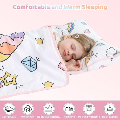 Viviland Toddler Kid Nap Mat for Preschool, White Unicorn Slumber Bag, Daycare Sleeping Bag with Pillow and Blanket, Kindergarten Sleep Mat