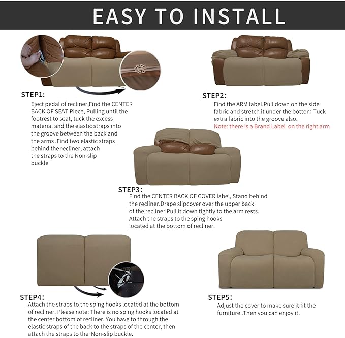 Easy-Going 6 Pieces Recliner Loveseat Stretch Sofa Slipcover Sofa Cover Furniture Protector Couch Soft with Elastic Bottom Kids, Spandex Jacquard Fabric Small Checks Tan