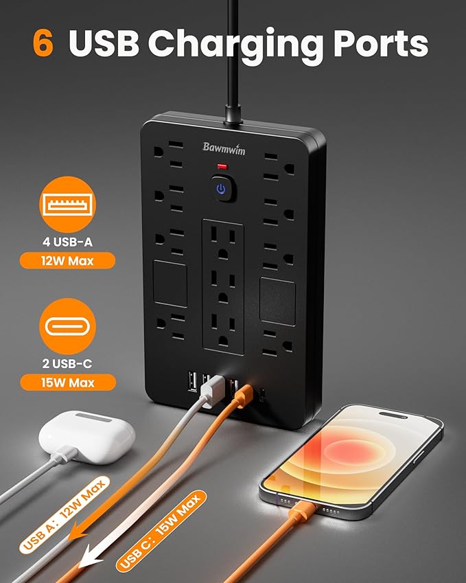 Bawmwim Surge Protector Power Strip - 11 Outlets(1850W/15A) with 6 USB Ports(2 USB C), 10FT Flat Plug Extension Cord, Wall Mount, Black, ETL Listed for Home, Dorm Room
