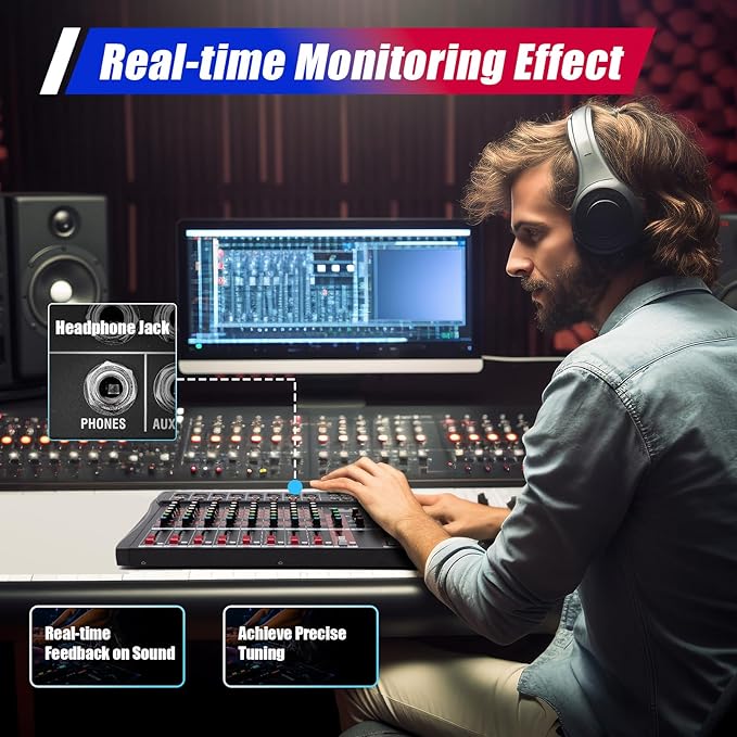 8 Channel Audio Mixer, Professional Audio Mixer with Bluetooth, 48V Phantom Power for Studio Recording, Karaoke and Live Performances