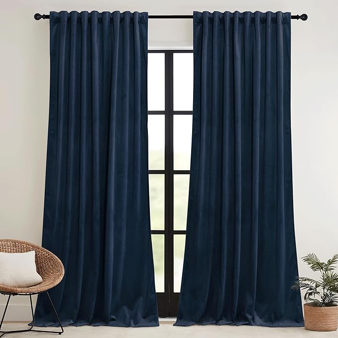 RYB HOME Navy Blue Velvet Blackout Curtains 90 inches by RYBHOME