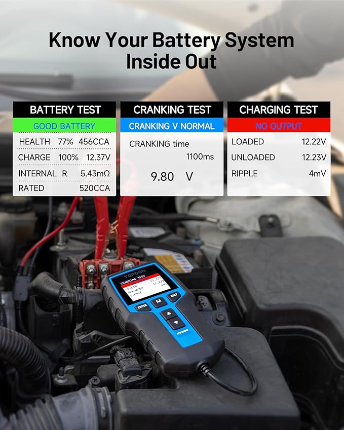 Car Battery Tester 24V 12V Load Tester, TOPDON BT200 100-2000CCA Automotive Alternator Tester Digital Auto Battery Analyzer Charging Cranking System Tester for Car Truck Motorcycle ATV SUV Boat Yacht