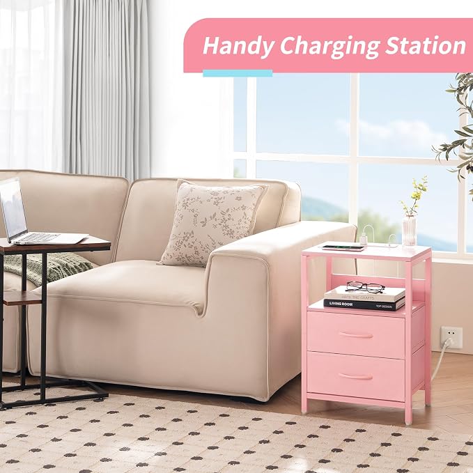 Yoobure Nightstand with Charging Station, Small Night Stand with Fabric Drawers - Image 4
