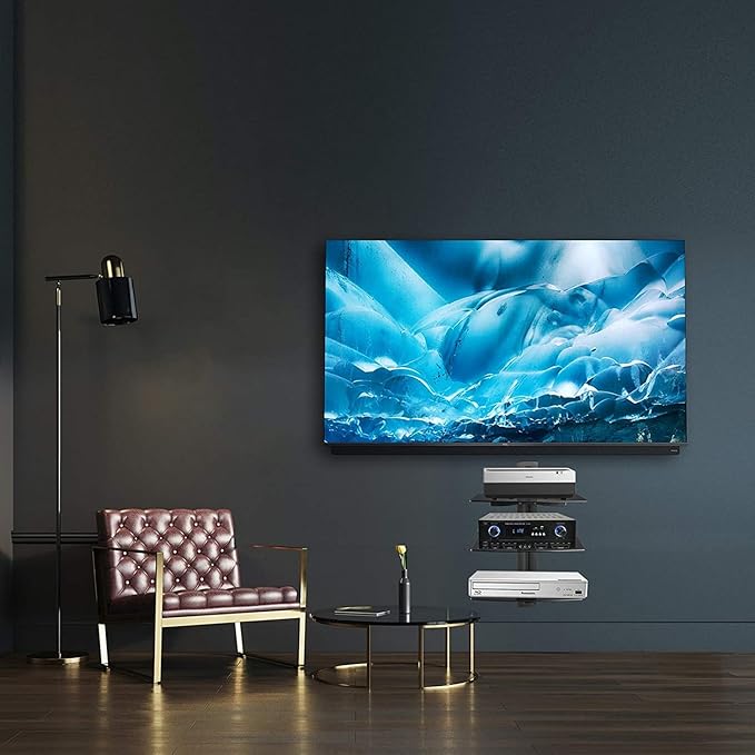 DVD Floating Shelf, Glass TV Wall Mount with Shelf for DVD Player / PS4 / Cable Boxes / Game Consoles / Sky Box / TV Accessories, Media Shelf, Flat Black Wall Mount Bracket, AV Shelves, 3 Tiers CS303S