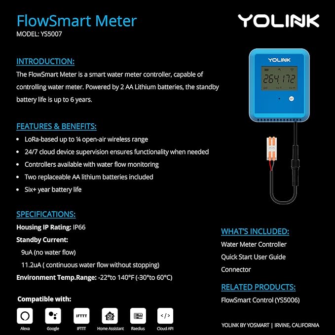 YoLink FlowSmart NSF Water Meter, Smart Water Usage Monitor and Water Leak Detection: 0.75 Inch Advanced Smart Home Water Meter, Hub Included, YS1603+YS5007