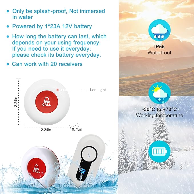 CallToU Caregiver Pager Wireless Call Button for Hard of Hearing Waterproof 500FT Vibration Nurse Calling Alert System for Home Elderly Monitoring Disabled/Patient/Seniors (2+2)