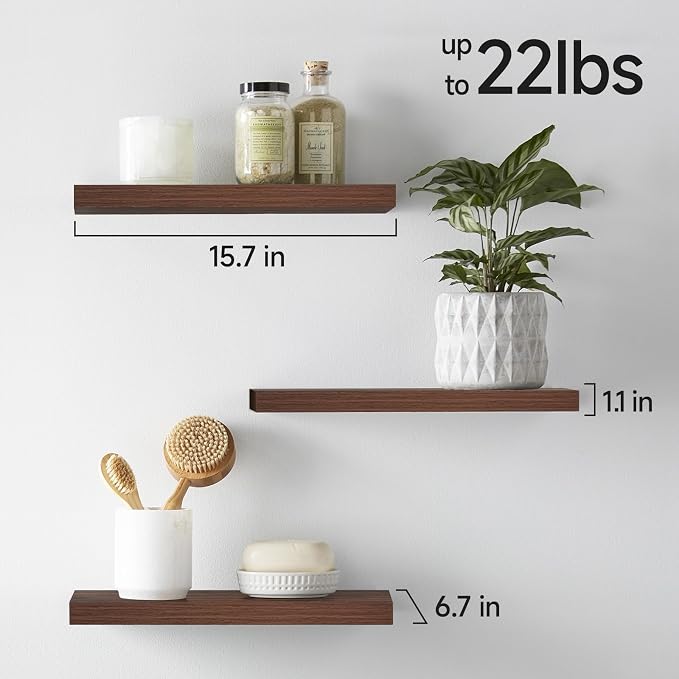BAYKA Walnut-Like Floating Shelves 15.7in, 3 Pack, Wall Mounted Wall Decor | - Image 3