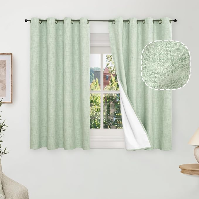 Linen Blackout Curtains 45 Inches Long 2 Panels Each 52 Wide Sage | Thermal by Lajode