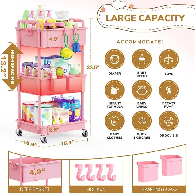 Goovilla Diaper Cart with Lockable Wheels and Easy Assembly, 3 Tier Pink | - Image 4
