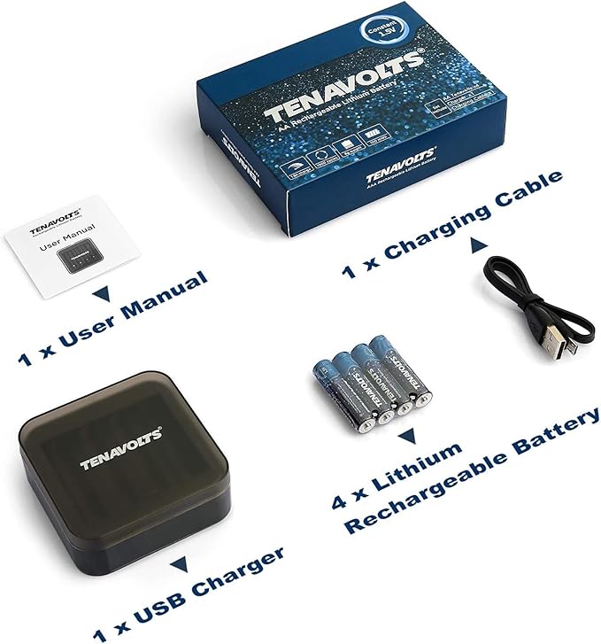TENAVOLTS 1.5V Lithium Rechargeable AA Batteries, AA Battery for Xbox Controller, AA Rechargeable Batteries for Blink Camera with USB Cable Type C Port, 1.8 Hour Fast Charging, 4 Count with Charger