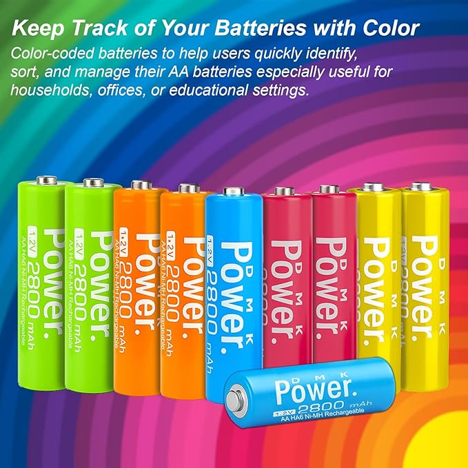 DMK POWER Rechargeable High Capacity Batteries 1.2V NiMH Low Self Discharge (AA Mixed Color 2800MAH (10 Pieces))