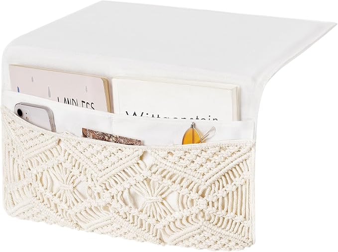 Mkono Macrame Bedside Caddy, Boho Bed Storage Organizer, 4 Pockets Ivory | Large by Mkono