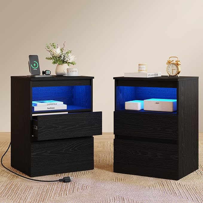 Nightstands Set of 2 with Charging Station, LED Lights and Drawer, Sofa Side - Image 2