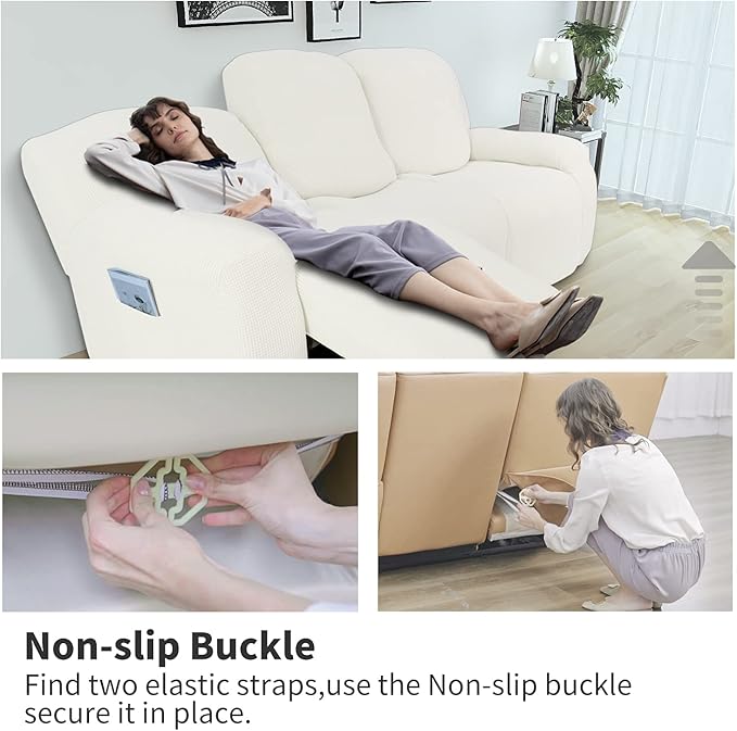 Easy-Going 6 Pieces Recliner Loveseat Stretch Sofa Slipcover Sofa Cover Furniture Protector Couch Soft with Elastic Bottom Kids, Spandex Jacquard Fabric Small Checks Cream