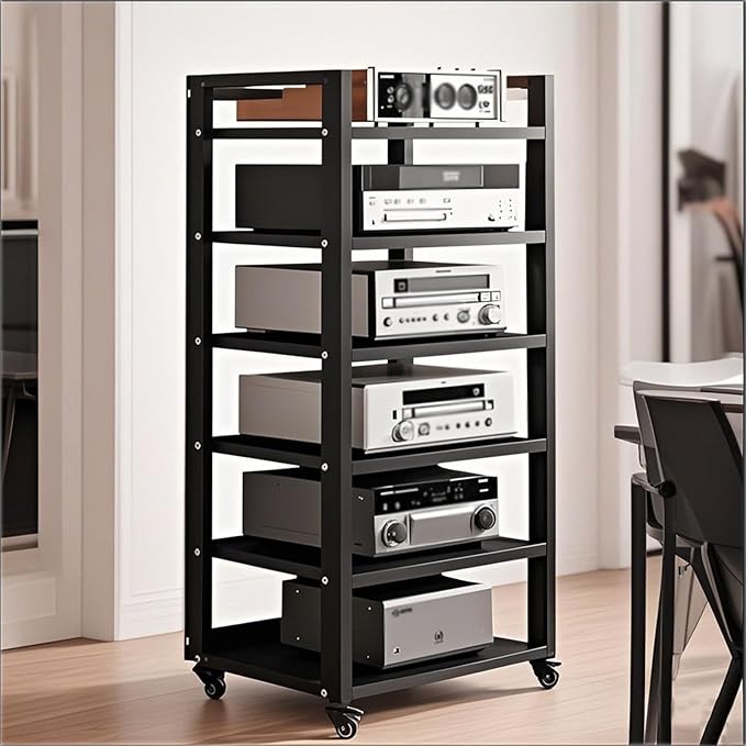 Dernoing 6 Tier Audio Rack Tower, CD Record Player Stereo Receiver AV Equipment Cabinet Display Rack, Weight Capacity 661 lbs, with Adjustable Wooden Shelves for Home (6 Tier Black)