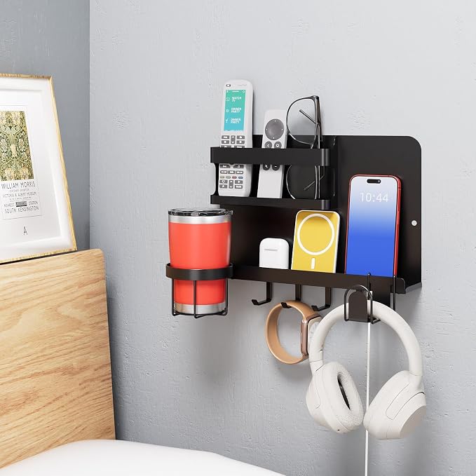 Black Wall Mount Bedside Shelf for Remote & Makeup Organizer | Space-saving by Unknown