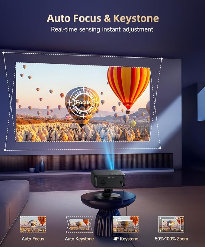 [1500ANSI/ Google TV] Smart Projector with WiFi and Bluetooth, SOPYOU Portable Outdoor Projector 4K Support, Auto Focus & Keystone, Built-in Apps, Indoor Home Theater with 360° Rotatable Stand