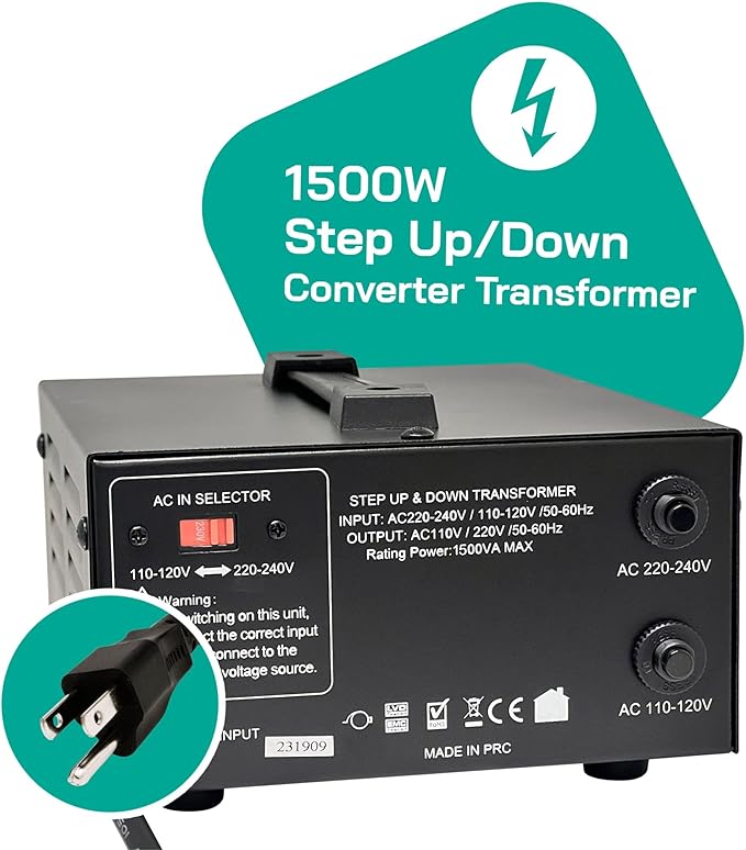 LiteFuze 1500 Watt Voltage Converter Transformer Step Up/Down - 110v to 220v / 220v to 110v Power Converter - Fully USA Grounded Cord - Universal Outlet Socket, 2x US Outlets - CE Certified
