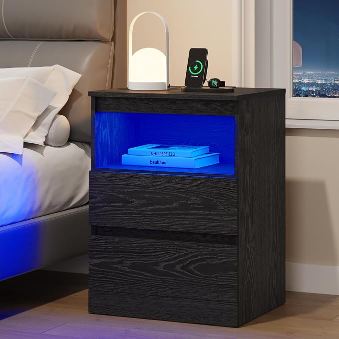 Nightstands Set of 2 with Charging Station, LED Lights and Drawer, Sofa Side - Image 7