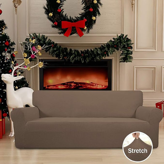 Easy-Going Stretch Sofa Slipcover 1-Piece Sofa Cover Furniture Protector Couch Soft with Elastic Bottom for Kids, Polyester Spandex Jacquard Fabric Small Checks (Sofa, Brown)