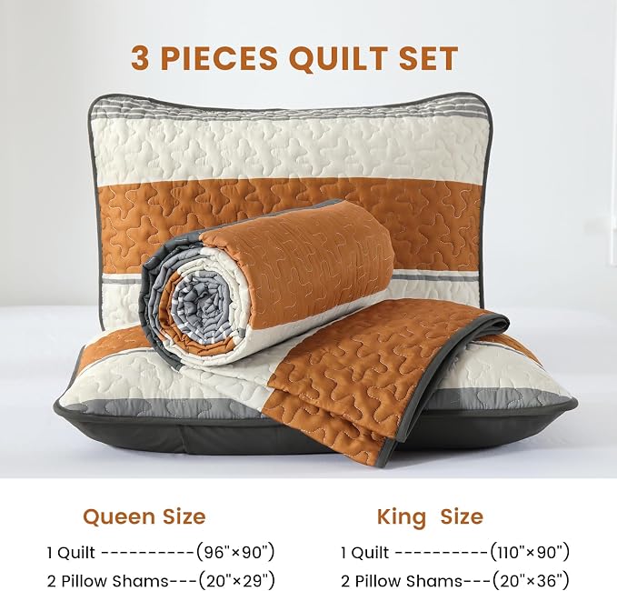 Dinjoy Queen Boho Striped Quilt Set, Breathable All-Season, 3-Piece Set Fits - Image 7