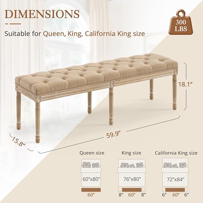 LUE BONA 60" Fabric End of Bed Bench, Upholstered Tufted French Bedroom Bench - Image 3
