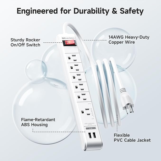[ETL Listed] Cable Matters 2-Pack 6-Outlet Surge Protector Power Strip with USB Ports - 8ft, Long Extension Cord, Surge Protector with USB Ports, White