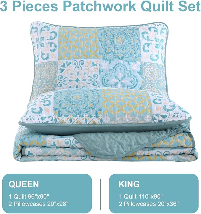 Dobuyly Patchwork Quilt Set King Size, Aqua Blue Boho Summer Bedspreads - Image 7