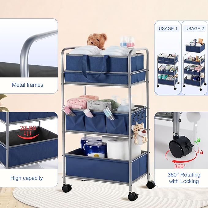 Honeydak 2in1 Baby Diaper Caddy Organizer Cart 3 Tier Large Capacity Metal - Image 3