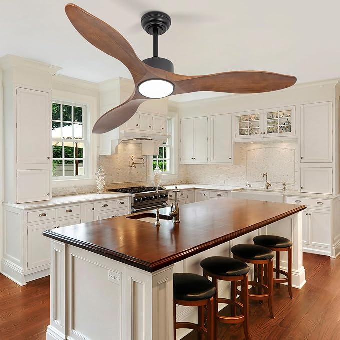 revoici 52 Inch Brown Wood Ceiling Fan with Light and Remote, 6 Speed and Reversible DC Motor, 3 Blade Low Profile Flush Mount Mordern Wood Ceiling Fans for Living Room Bedroom Outdoor Patio
