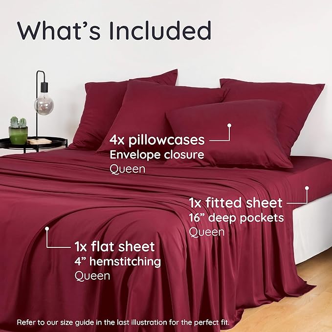 Bambaw 100% Viscose Derived from Bamboo Queen Sheet Set 6 Piece, Queen Size Cooling Sheets for Hot Sleepers, Super Soft Sheets Queen Size, Deep Pockets Fits Up to 16'' Mattresses (Burgundy)