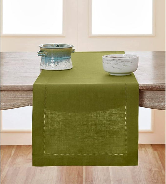 Solino Home Linen Hemstitch Table Runner 108 Inches Long - 100% Pure Linen Avocado Green Table Runner 14 x 108 Inch - Classic Hemstitch