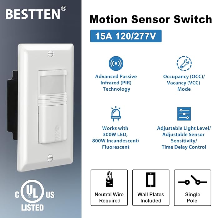 BESTTEN 5 Pack Motion Sensor Light Switch, PIR Vacancy & Occupancy, 800W 1/6 HP, 120/277V, Single Pole, Neutral Wire Required, Wallplate Included, UL Listed, White
