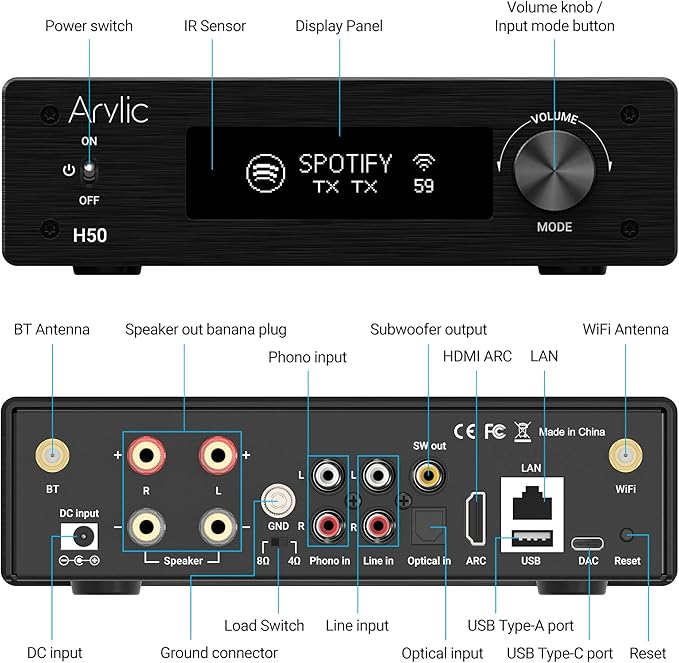 Arylic H50 Hi-Fi 50W*2 WiFi Audio Amplifier with Bluetooth aptX HD, HDMI ARC, AirPlay 2 and Spotify Streaming for Wireless Home Music. Support for transmitting and Receiving Music