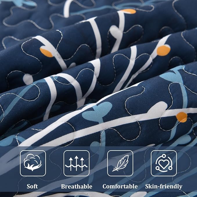 DJY Navy Quilt Set Queen Size Branch Botanical Bedspread Coverlet Set | 3 - Image 6