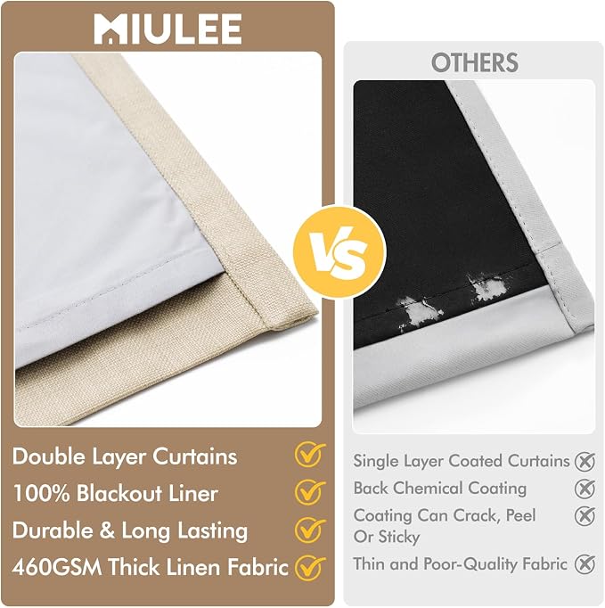 MIULEE Pinch Pleated 100% Blackout Curtains 40"x102" Long Cream 4 Panel Set | - Image 8