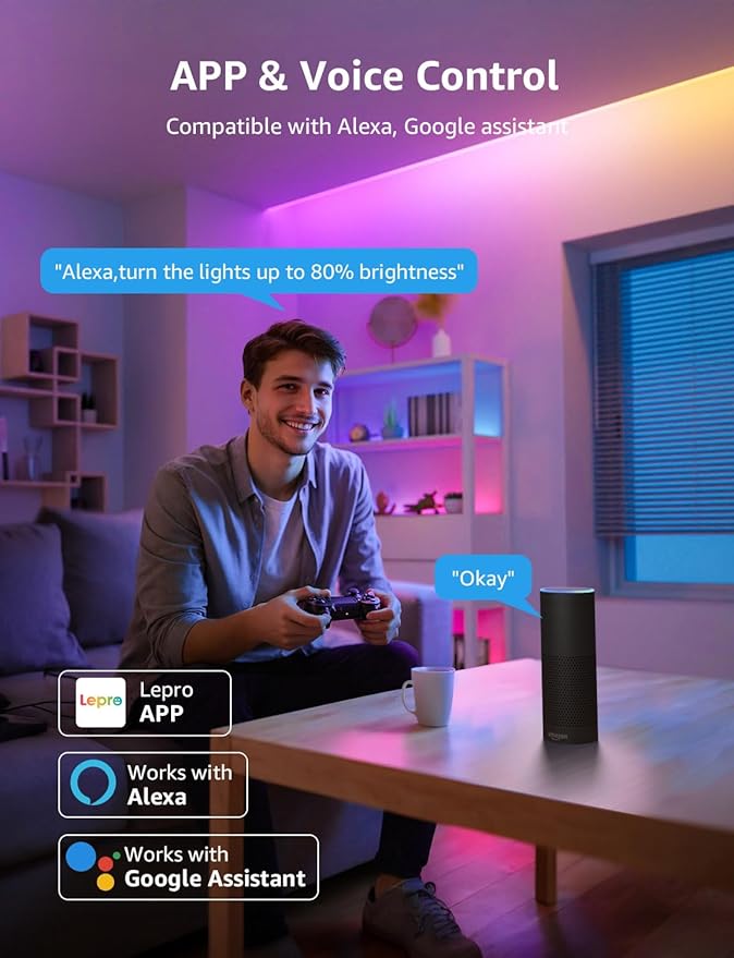 Lepro S1 AI LED Strip Lights for Bedroom - 100ft(2 Rolls of 50ft) Smart RGB Light Strips with IC and Rainbow Chasing Effects, Personalized Al Lighting Designer, No Remote, 2.4G Wi-Fi & Bluetooth
