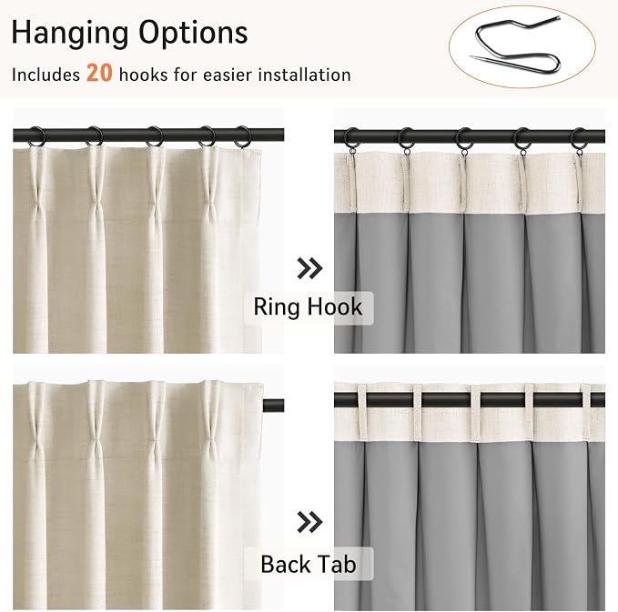 Pinch Pleated Full Blackout Faux Linen Curtains 84 Inches Long | Cream Beige - Image 3