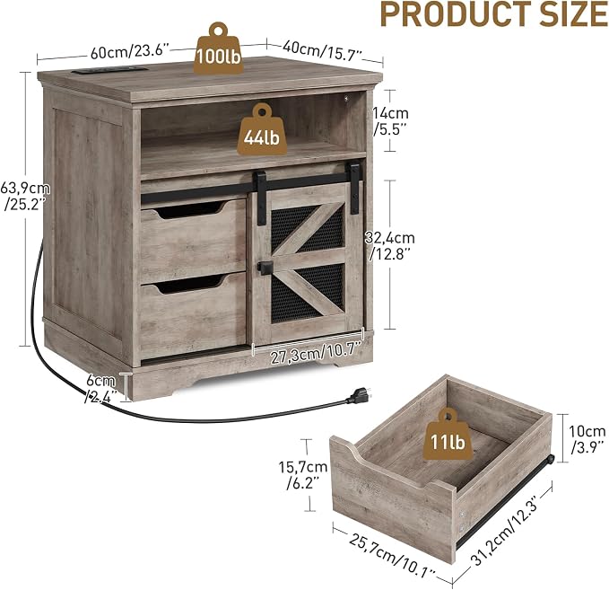 Farmhouse End Table with Charging Station, Sofa Side Table with 2 Drawers and - Image 2
