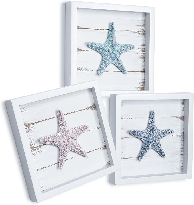 Tide and Tales 3D Starfish Wall Art, Framed Set of 3, Beach Bathroom Decor | 7" by TideandTales