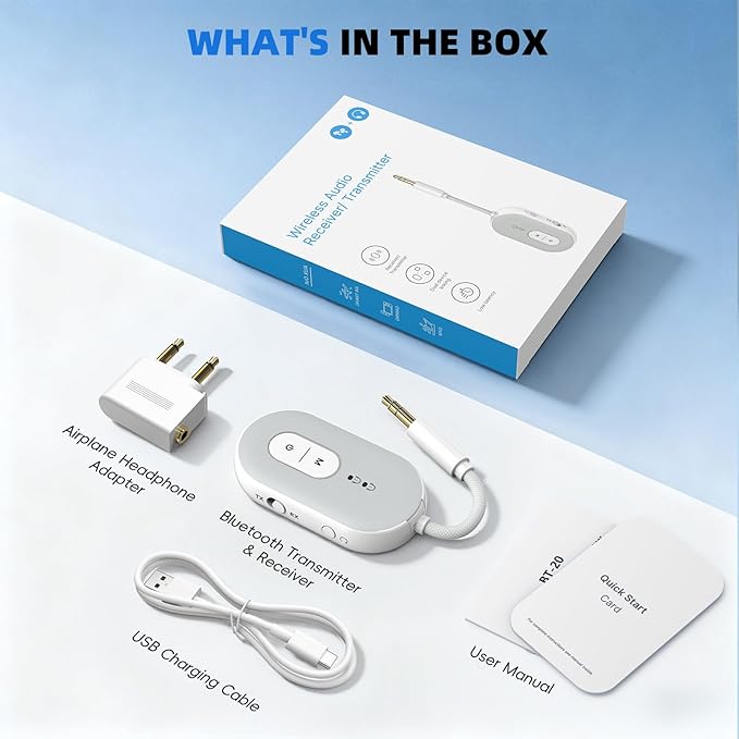 Wothfav Bluetooth 5.3 Wireless Audio Transmitter & Receiver, 3.5mm AUX Adapter, Supports 2 AirPods or Headphones, 25+ Hr Battery Life, Airplane Bluetooth Adapter for Travel, Flight, TV, Car & Gym
