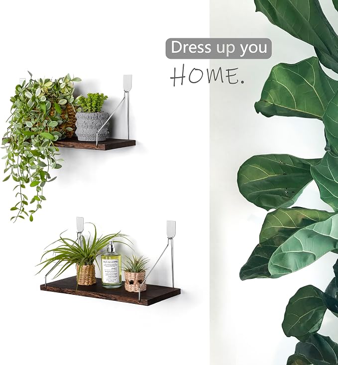 Floating Wall Shelves, Rustic Wood Wall Mounted Shelf Set of 2 | No Drill - Image 5