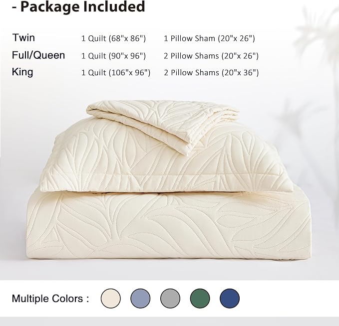 EXQ Home Queen Quilt Set Leaf Pattern Beige Bedspread | Bedding Set - Image 7