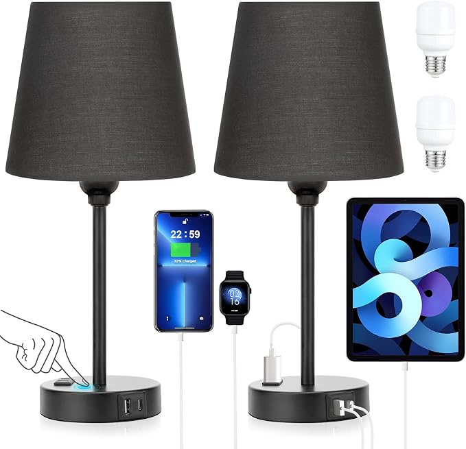 Black Bedside Lamps Set 2 for Bedroom - Image 2