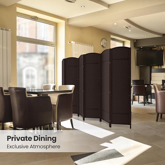 6 Panel Folding Room Divider, Woven Privacy Screen, Chocolate | Solid wood frame - Image 6