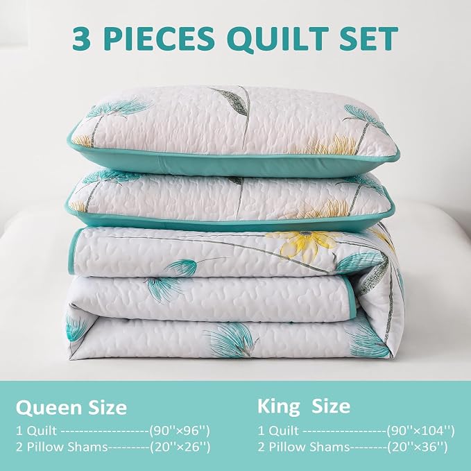 Dinjoy Aqua Quilt Set King, 3 Pieces Boho Floral Bedspreads, Fall Bedding | - Image 6