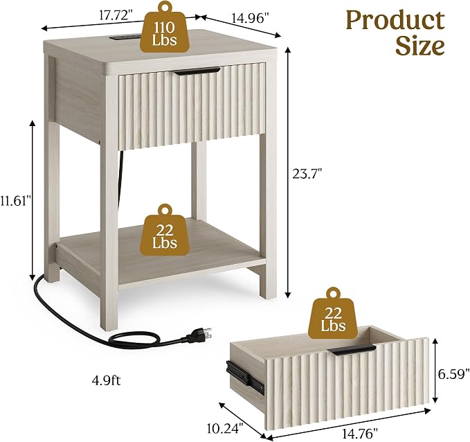 Night Stand Set 2, Fluted Wood Nightstands w/Charging Station - Image 3