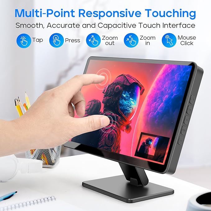 Touch Screen Monitor with Case,ROADOM 10.1’’ Raspberry Pi Screen, IPS FHD 1024×600,Responsive and Smooth Touch,Dual Built-in Speakers,HDMI Input,Compatible with Raspberry Pi 5/4/3/Zero,Versatile Stand