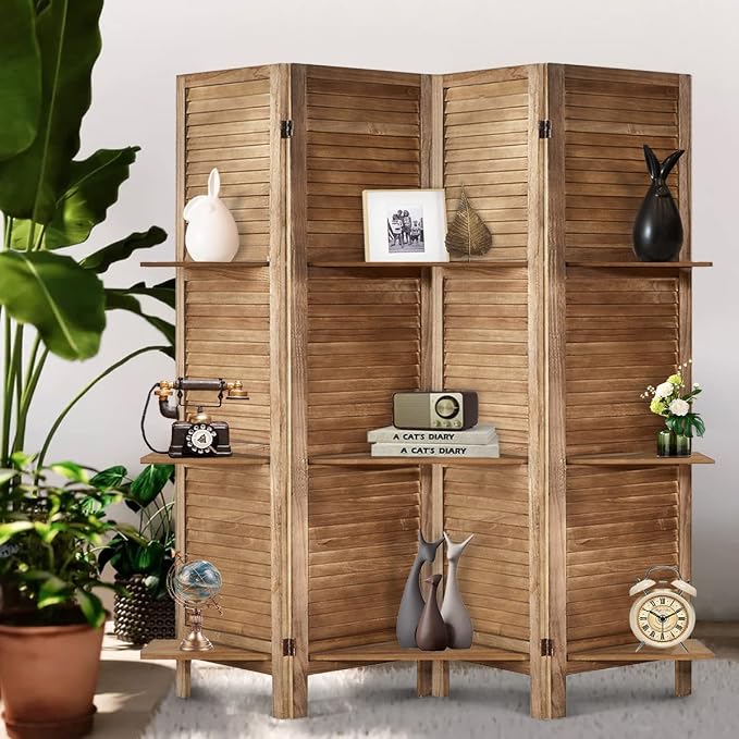 Room Divider with Shelves, 4 Panel Brown Privacy Screen | Partition Room - Image 8